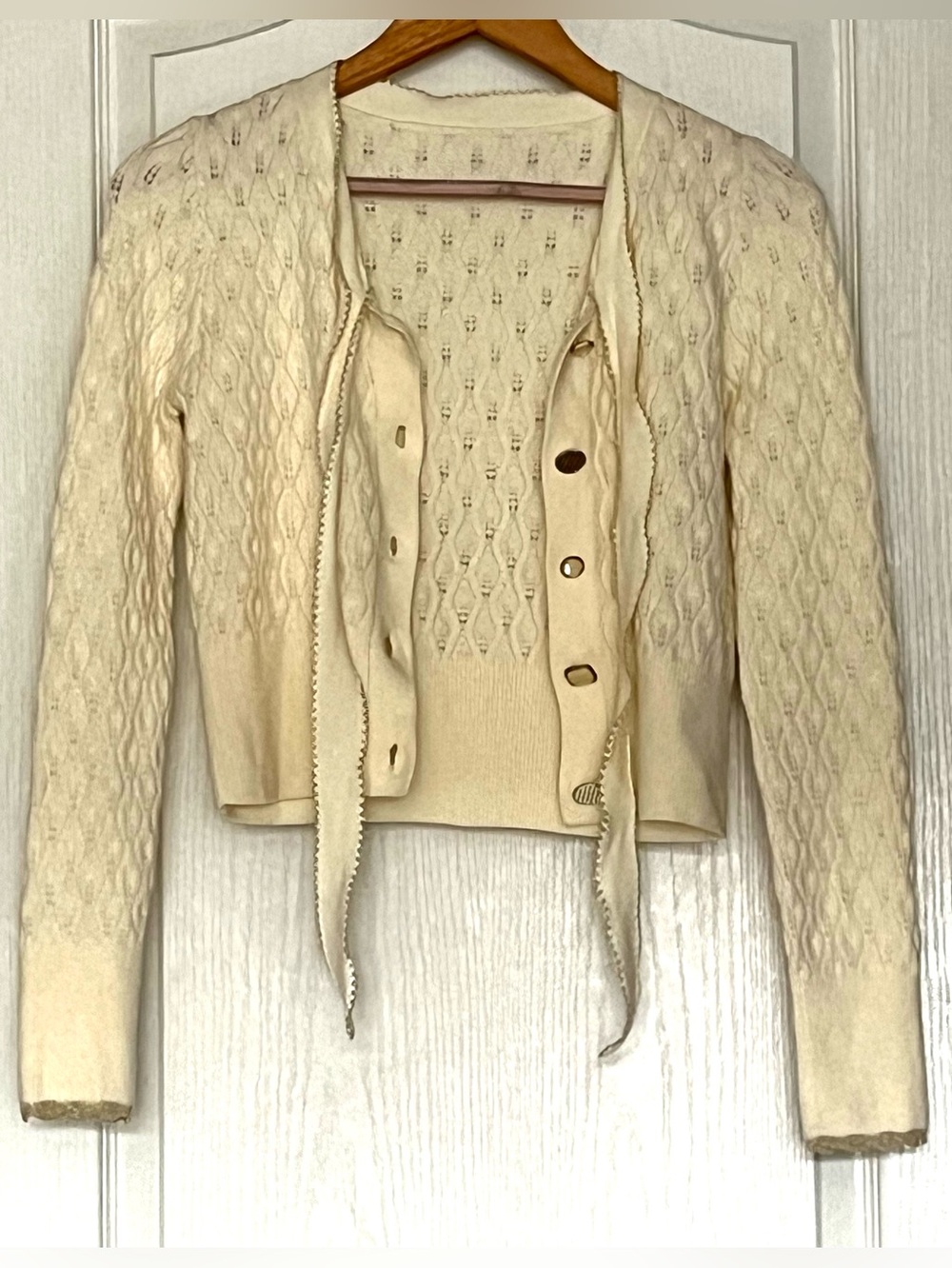 PEACEBIRD Cream Pointelle Knit Detachable Tie Bow Cardigan Sz S Sheep Wool Blend